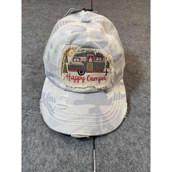 C.C Exclusives Happy Camper Baseball Cap Womens OS White Criss Cross Trucker Hat - Picture 1 of 8